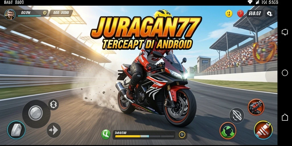 Screenshot gameplay JURAGAN77 menunjukkan balapan motor yang menegangkan.