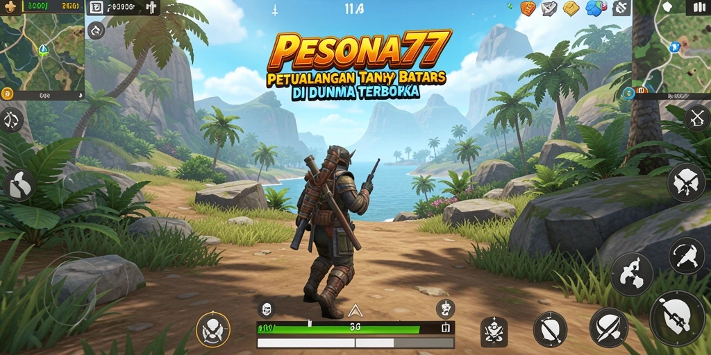 Screenshot dari gameplay PESONA77 dengan pemandangan menakjubkan di dunia terbuka.